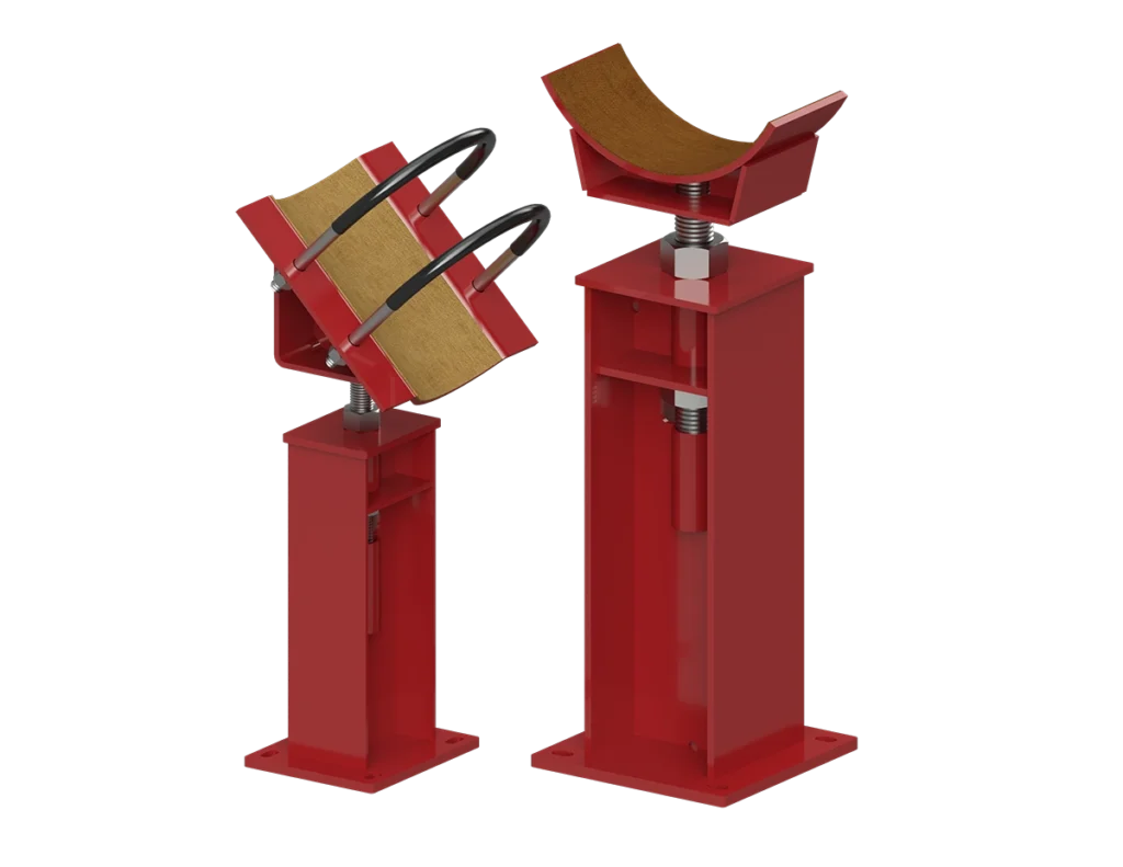 Two red RedLineIPS adjustable pipe supports, designed to provide flexibility, vibration dampening, and corrosion protection for industrial piping applications.