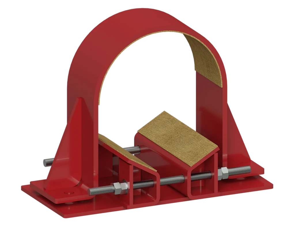 A red RedLineIPS shim block assembly with a clamp and integrated Cotton Duck Pads, designed to provide vibration reduction, load distribution, and corrosion resistance in industrial piping applications.
