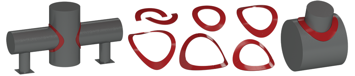 Reinforcement pads in various shapes used in piping systems, showing how they fit around pipes for structural support and protection.