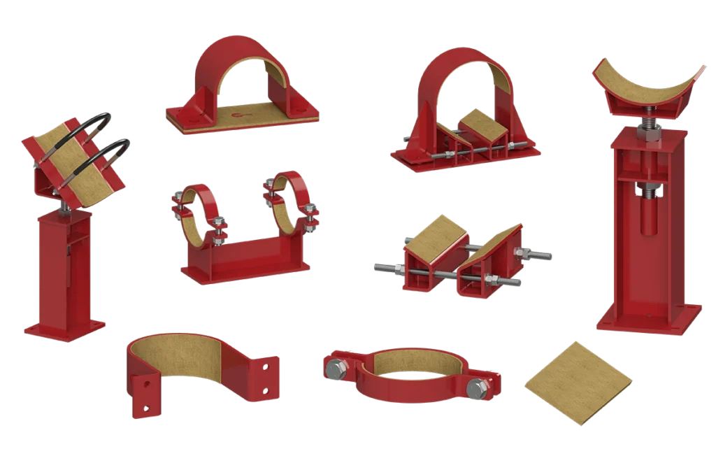 A variety of RedLineIPS metallic pipe support systems featuring integrated Cotton Duck Pads, designed to reduce vibration, noise, and corrosion in industrial piping systems.