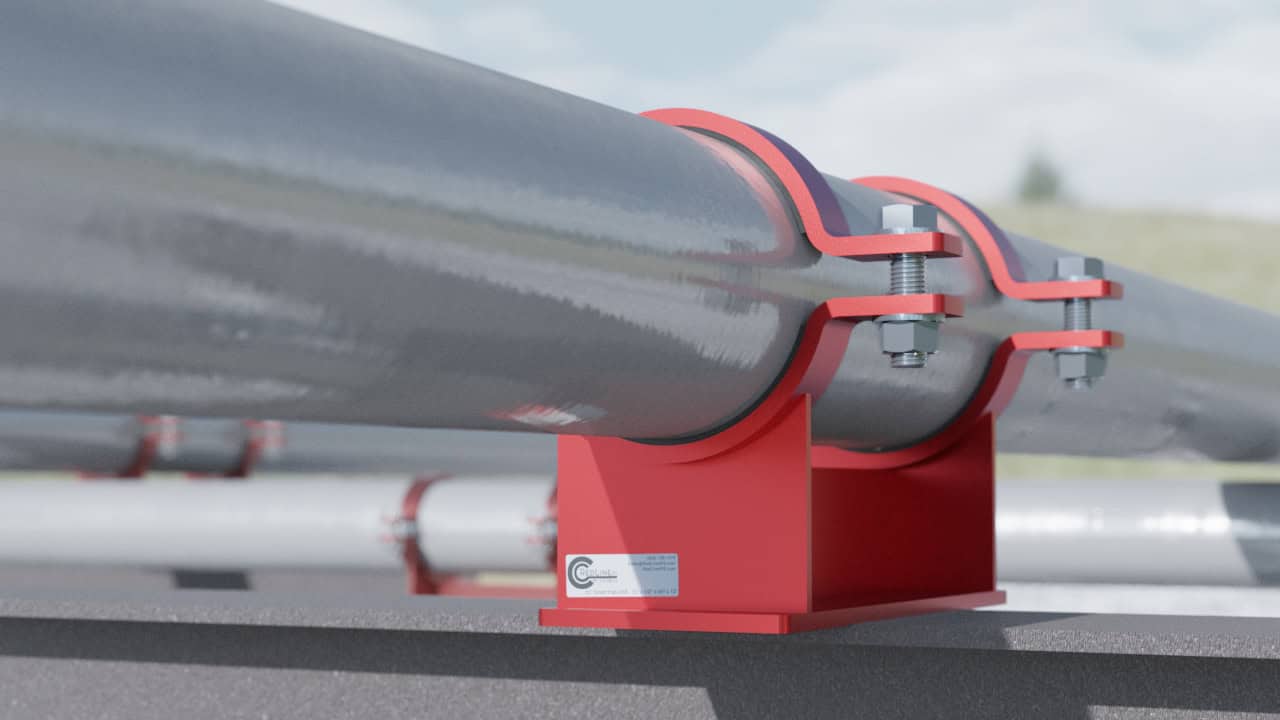 A RedLineIPS weldless pipe shoe securely holds a pipe in place with bolted clamps, providing a robust and corrosion-resistant support solution.