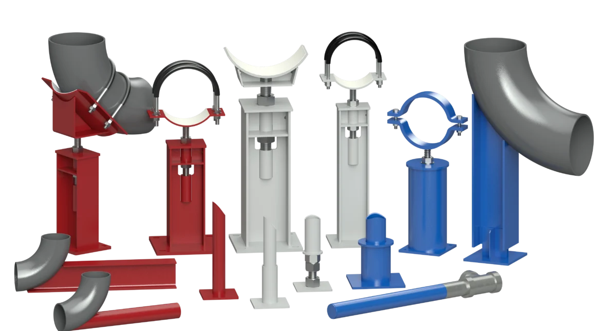 A collection of industrial pipe supports in red, white, and blue, including clamps, adjustable bases, and pipe elbows, displayed on a black background.