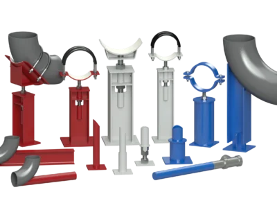 A collection of industrial pipe supports in red, white, and blue, including clamps, adjustable bases, and pipe elbows, displayed on a black background.