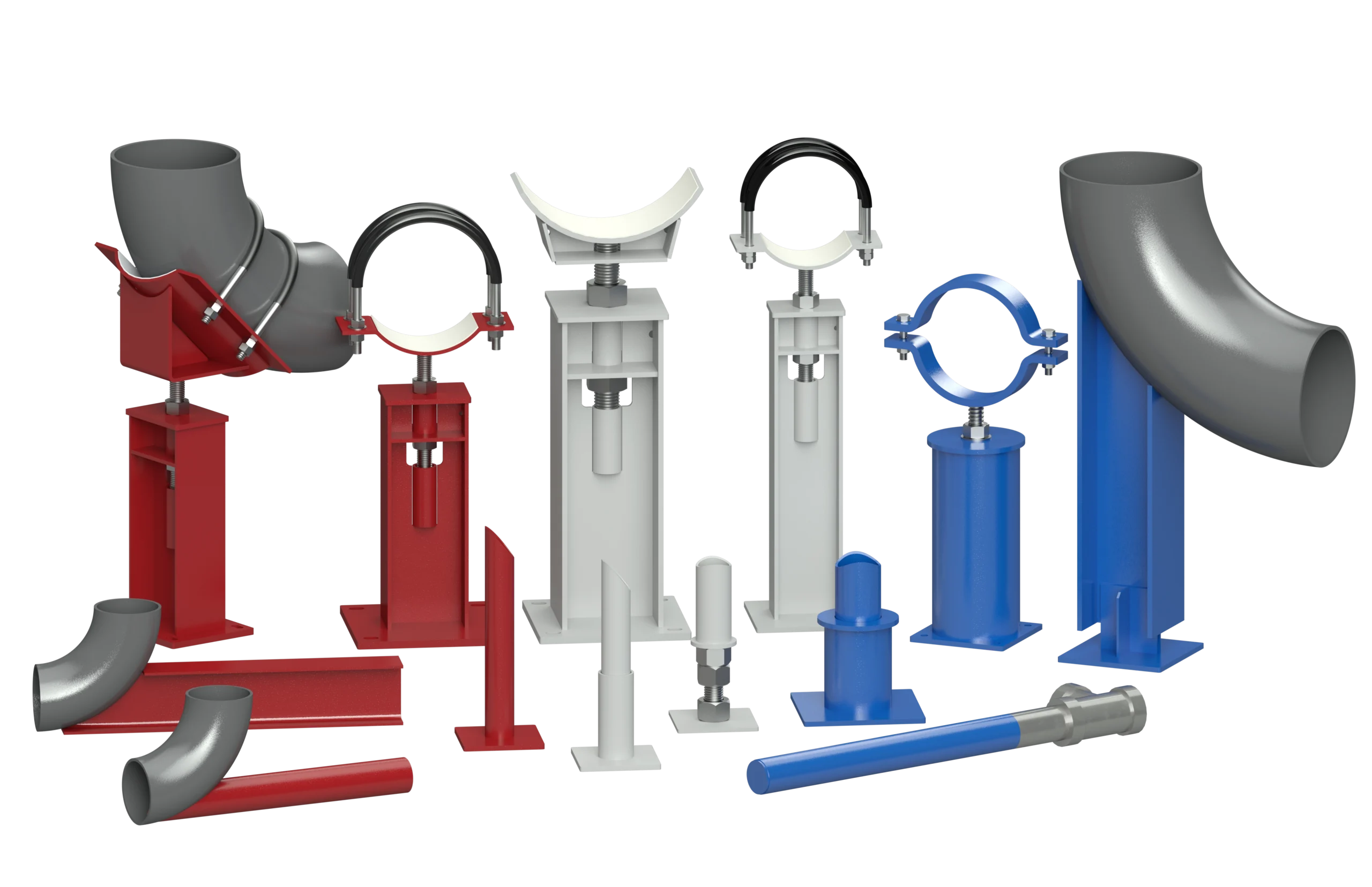 A collection of industrial pipe supports in red, white, and blue, including clamps, adjustable bases, and pipe elbows, displayed on a black background.