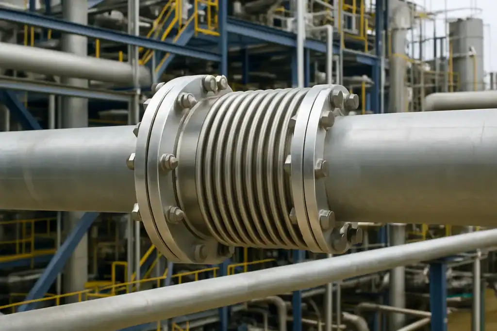 Expansion joint installed in a plant piping system to absorb thermal expansion and contraction