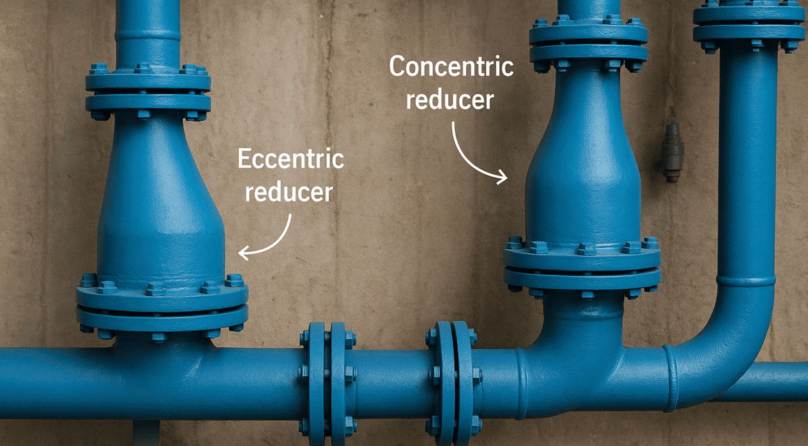 Industrial pipe reducers from RedLineIPS including eccentric and concentric types for managing pipe diameter transitions