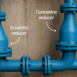 Industrial pipe reducers from RedLineIPS including eccentric and concentric types for managing pipe diameter transitions