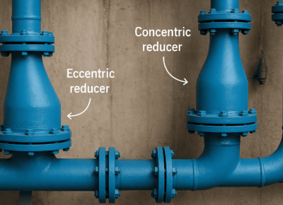 Industrial pipe reducers from RedLineIPS including eccentric and concentric types for managing pipe diameter transitions