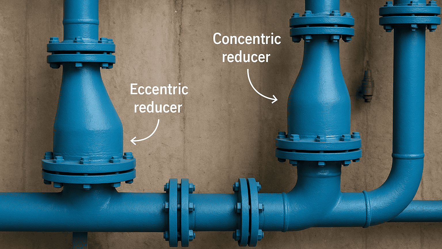 Industrial pipe reducers from RedLineIPS including eccentric and concentric types for managing pipe diameter transitions