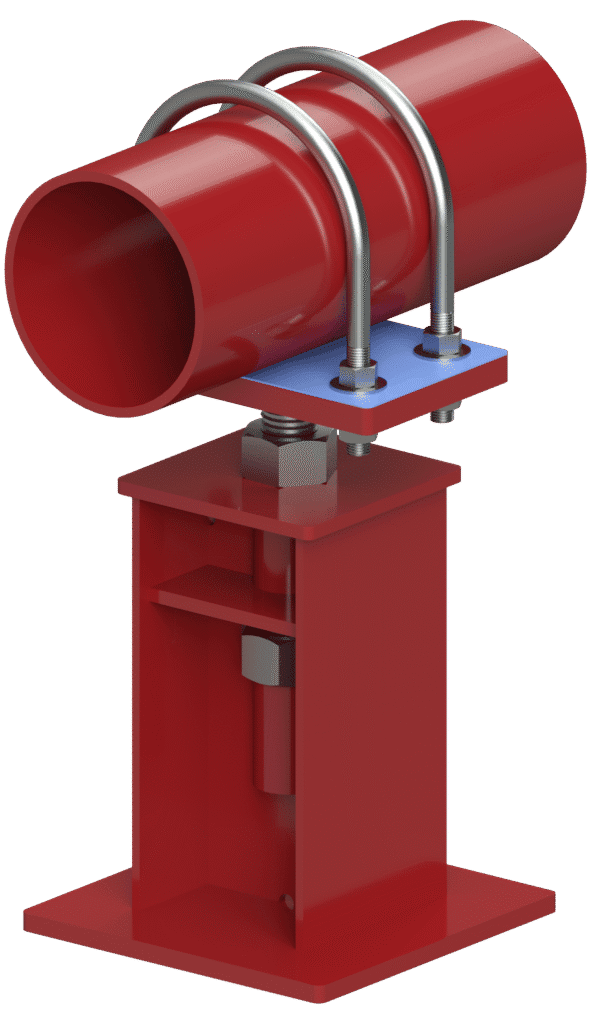 Adjustable industrial pipe support with dual U-bolt clamping system and a PTFE slide plate to accommodate thermal expansion