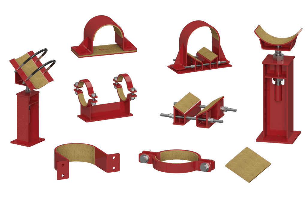 Pipe supports with liners to reduce stress from thermal expansion and contraction.