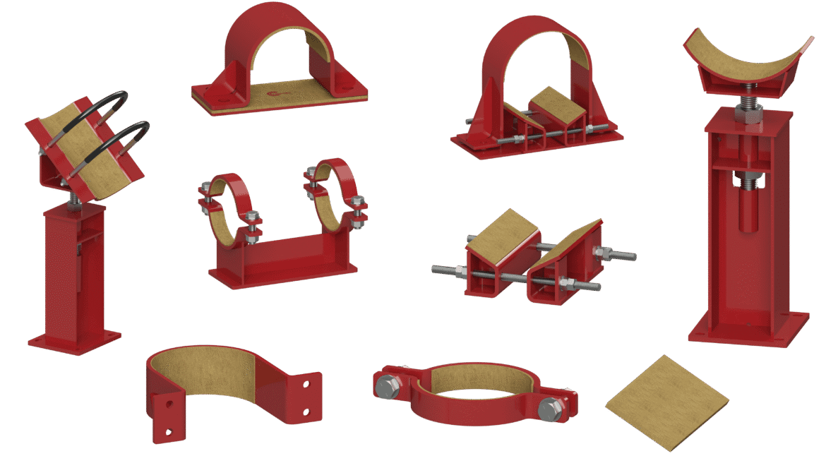 Pipe supports with liners to reduce stress from thermal expansion and contraction.