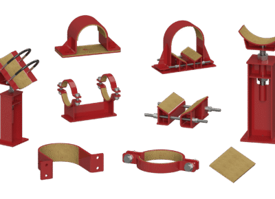 Pipe supports with liners to reduce stress from thermal expansion and contraction.
