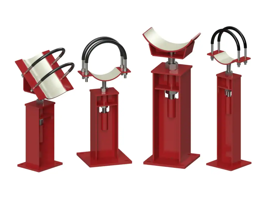 Adjustable non-welded pipe supports with clamps, saddles and U-bolts for safe pipe restraint