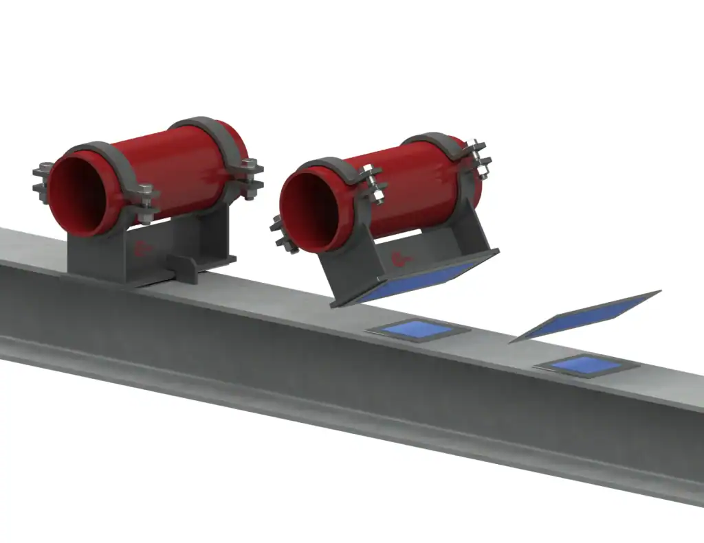 Clamp-on pipe shoes with slide plates for non-welded support in hazardous environments