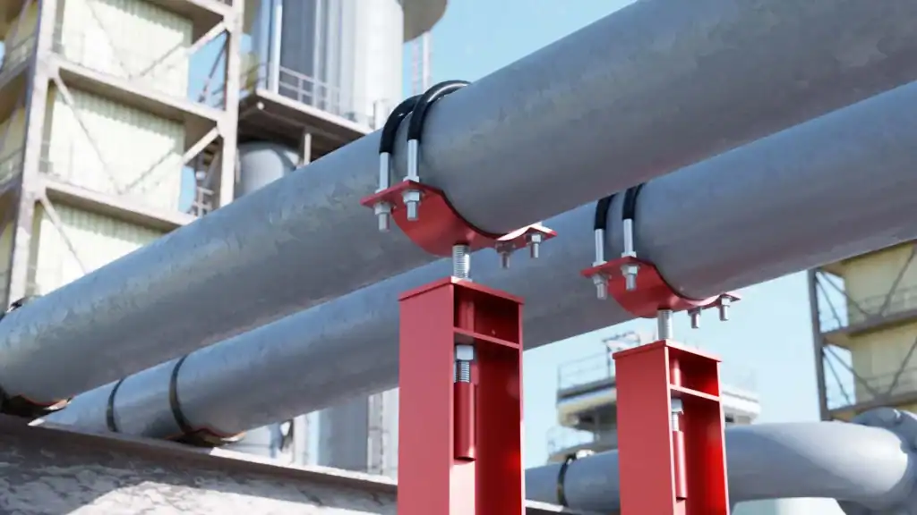 Non-welded adjustable clamp-on pipe supports with red structural shoes in industrial plant