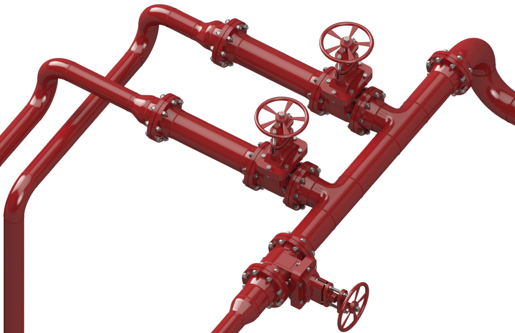 RedLineIPS piping system with valves and concentric reducer for flow control