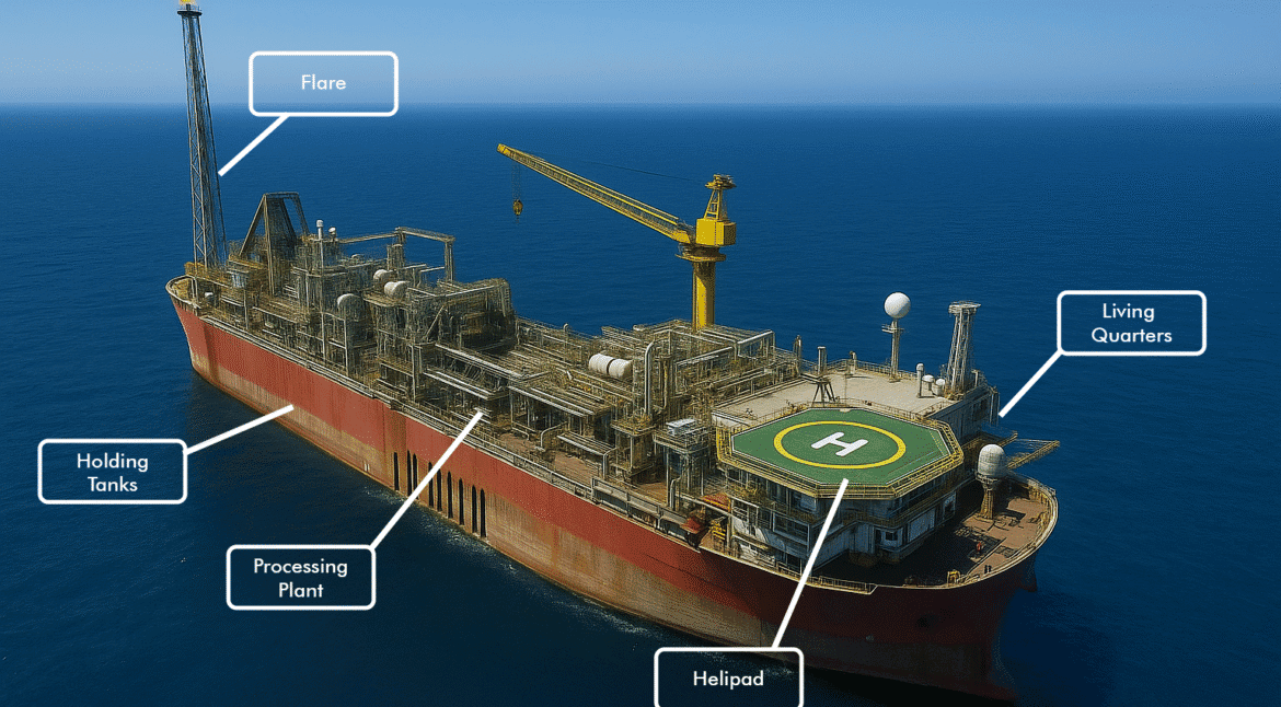 Aerial view of an FPSO (Floating Production, Storage and Offloading) vessel with callouts for flare, holding tanks, processing plant, helipad, and living quarters at sea.