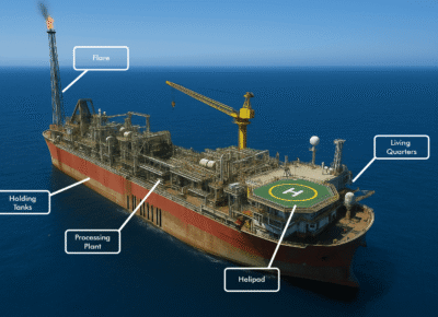 fpso-offshore-components-illustration-redlineips Aerial view of an FPSO (Floating Production, Storage and Offloading) vessel with callouts for flare, holding tanks, processing plant, helipad, and living quarters at sea.