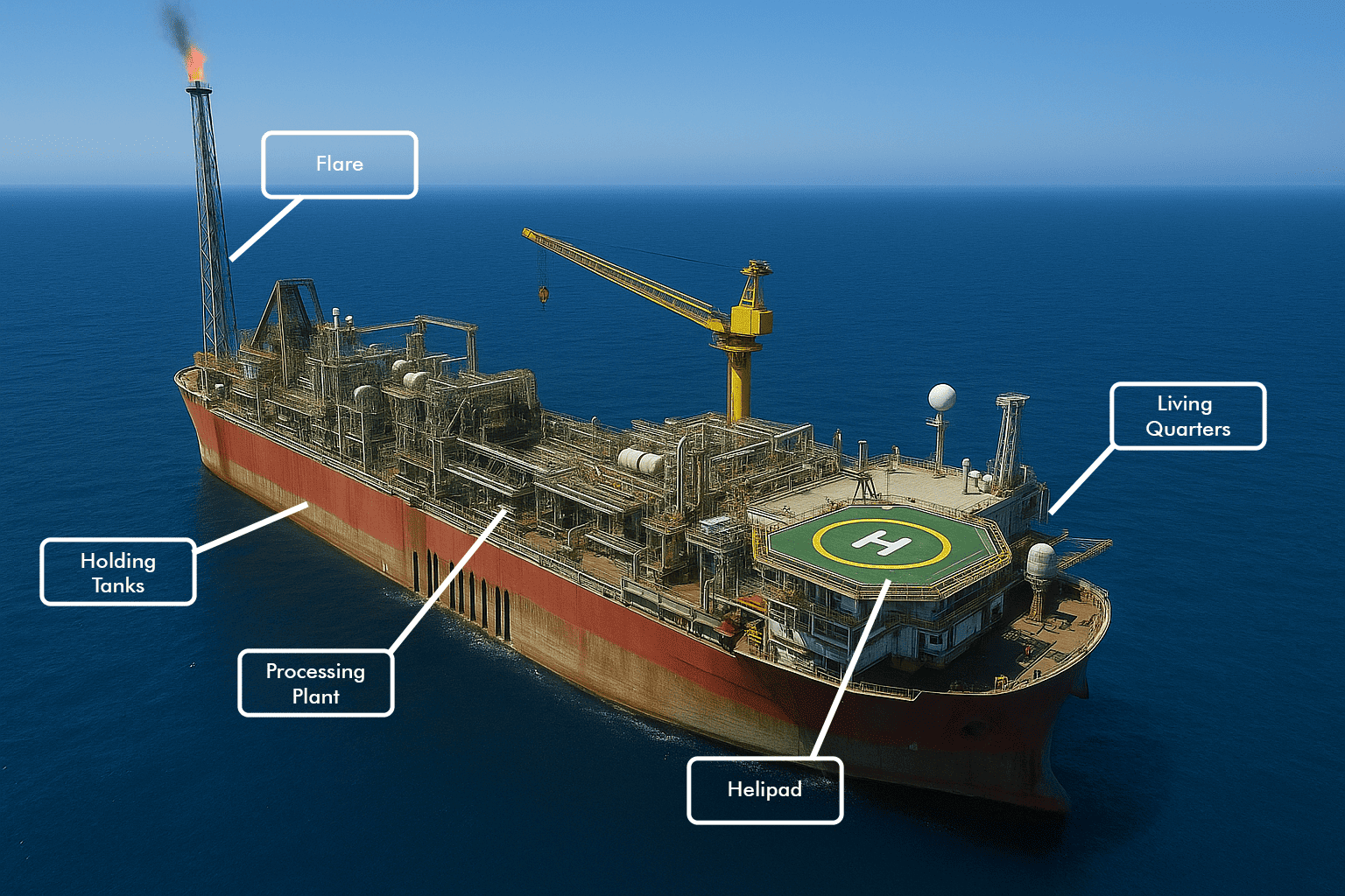 Aerial view of an FPSO (Floating Production, Storage and Offloading) vessel with callouts for flare, holding tanks, processing plant, helipad, and living quarters at sea.