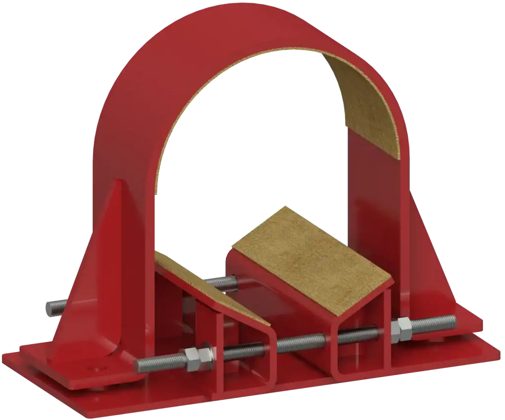 Red painted industrial hold down clamp pipe support with cotton duck isolation liners and adjustable shim block assembly on a steel base.
