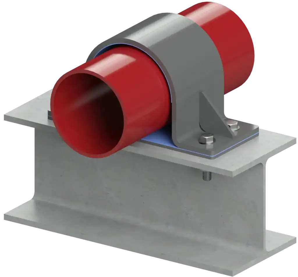 Industrial hold down clamp bolted to an I-beam pipe support with gussets and blue PTFE isolation liner supporting a red process pipe.
