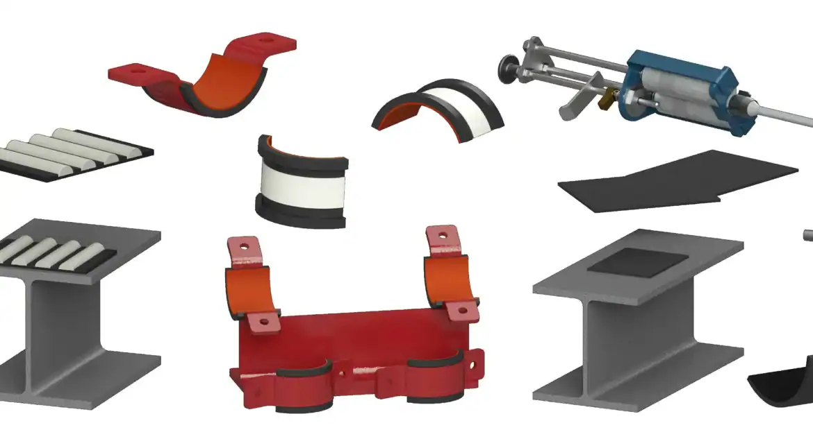 Assorted RedLineIPS non-metallic pipe shoes, clamps, liners, and pads for industrial piping systems