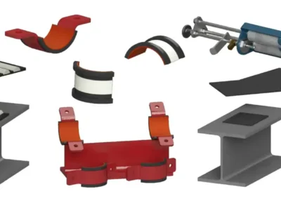 Hero Image - RedLineIPS Non-Metallic Piping Products Assorted RedLineIPS non-metallic pipe shoes, clamps, liners, and pads for industrial piping systems