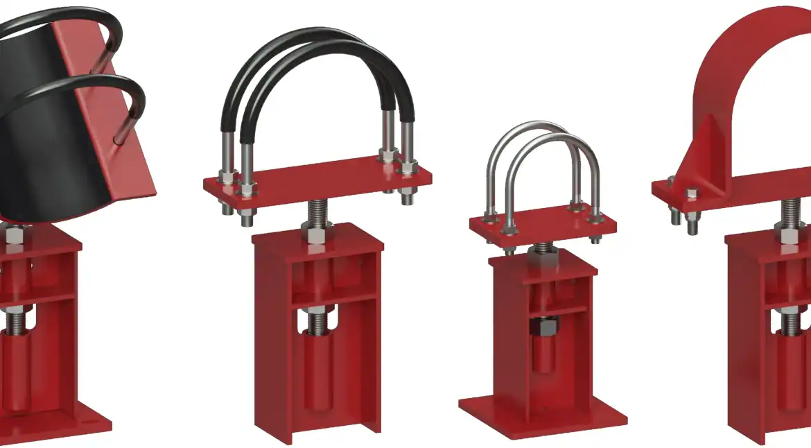 Lineup of eight RedLineIPS red adjustable pipe supports from Cogbill Construction, showing different tops including saddles, U-bolt clamps, wear-pad cradles, heavy pipe clamps, and an elbow stand for refinery and petrochemical piping.