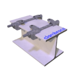3D rendering of a Clambrace pipe support clamp assembly mounted on a steel I-beam flange.