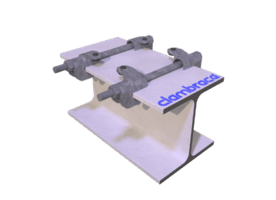 687644f8e0ae7466e7745c13_Mounted-Clamps-Insulated 3D rendering of a Clambrace pipe support clamp assembly mounted on a steel I-beam flange.