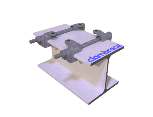 3D rendering of a Clambrace pipe support clamp assembly mounted on a steel I-beam flange.