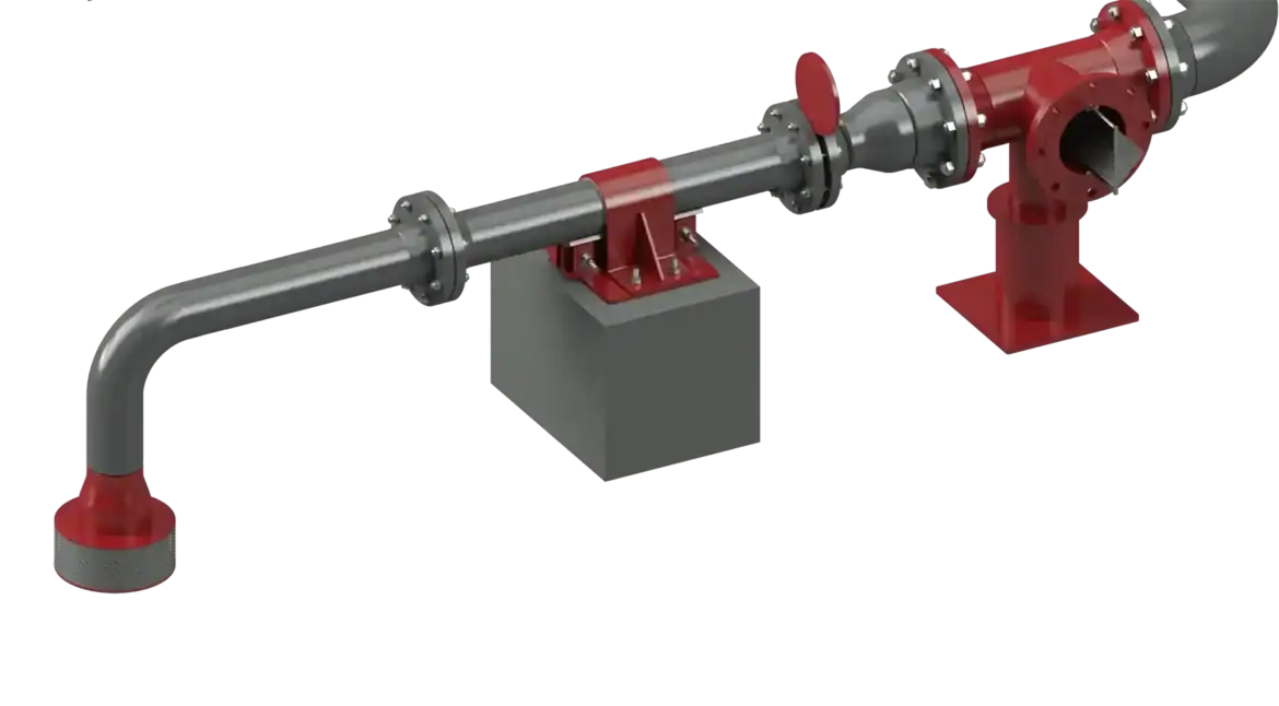 Industrial piping assembly with red hold down clamp and shim block pipe support on a concrete pedestal, connected to a flanged valve and vertical outlet.