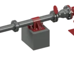 Industrial piping assembly with red hold down clamp and shim block pipe support on a concrete pedestal, connected to a flanged valve and vertical outlet.