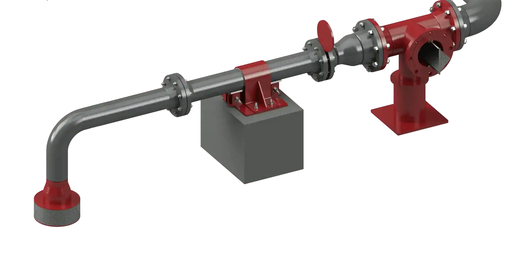 Industrial piping assembly with red hold down clamp and shim block pipe support on a concrete pedestal, connected to a flanged valve and vertical outlet.