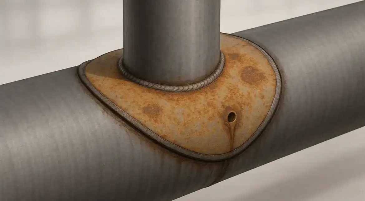 Corroded steel reinforcement pad around a branch connection on a process pipe, showing rust and pitting at the weld line.