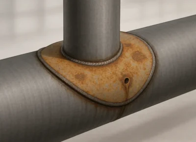 corroded-reinforcement-pad-repad Corroded steel reinforcement pad around a branch connection on a process pipe, showing rust and pitting at the weld line.