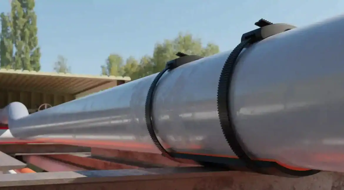 SmartPad installed on an above-ground pipe resting on a steel beam, secured with two composite straps and a visible gasket edge along the saddle