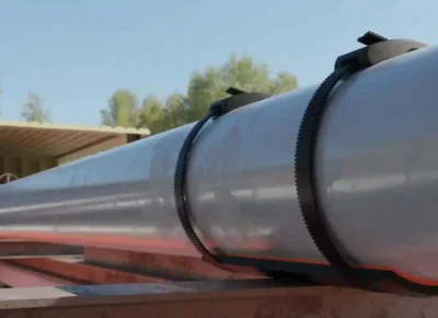 smartpad-pipe-support-installed-on-steel-beam SmartPad installed on an above-ground pipe resting on a steel beam, secured with two composite straps and a visible gasket edge along the saddle