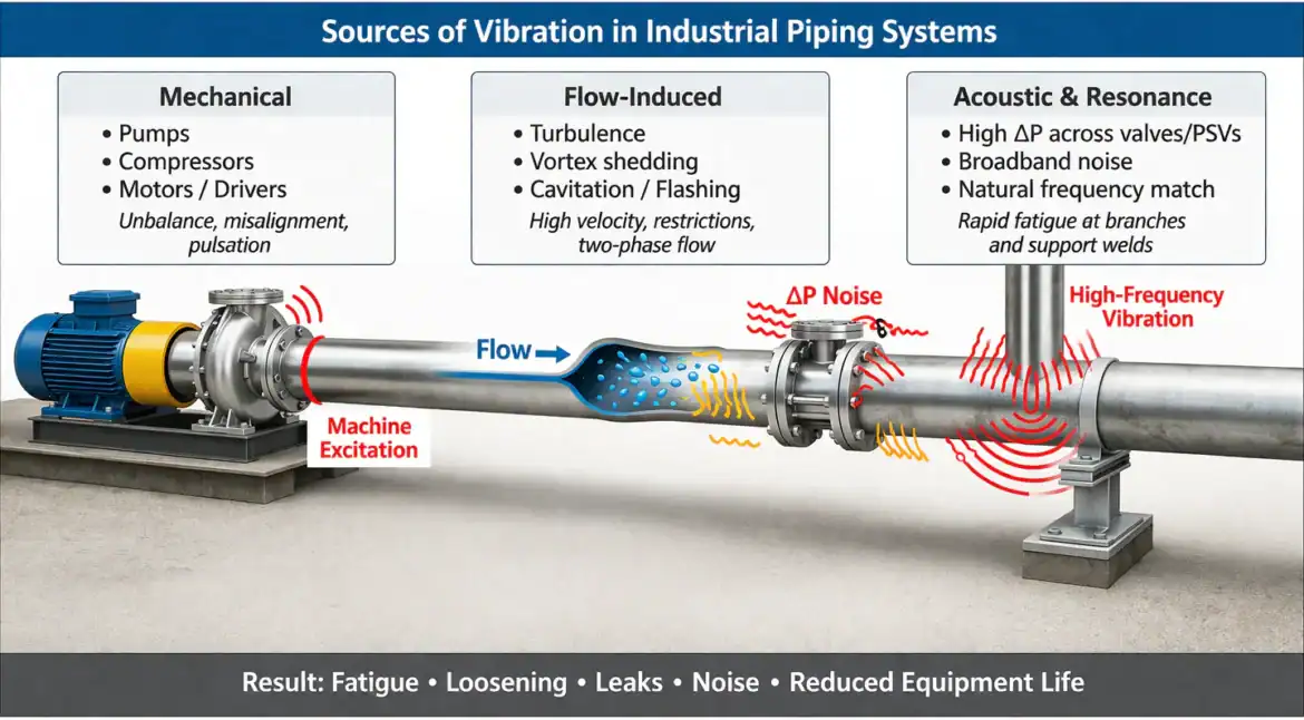 Diagram of industrial piping system identifying vibration sources from pumps, compressors, vortex shedding, cavitation, and high-pressure drops across valves.
