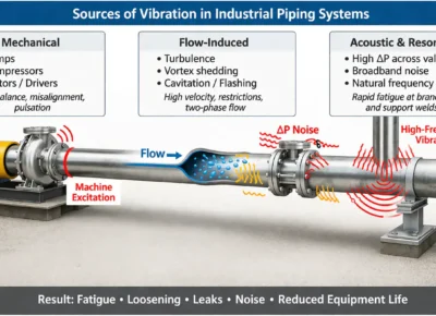 Sources of Vibration in Industrial Piping Systems Diagram of industrial piping system identifying vibration sources from pumps, compressors, vortex shedding, cavitation, and high-pressure drops across valves.