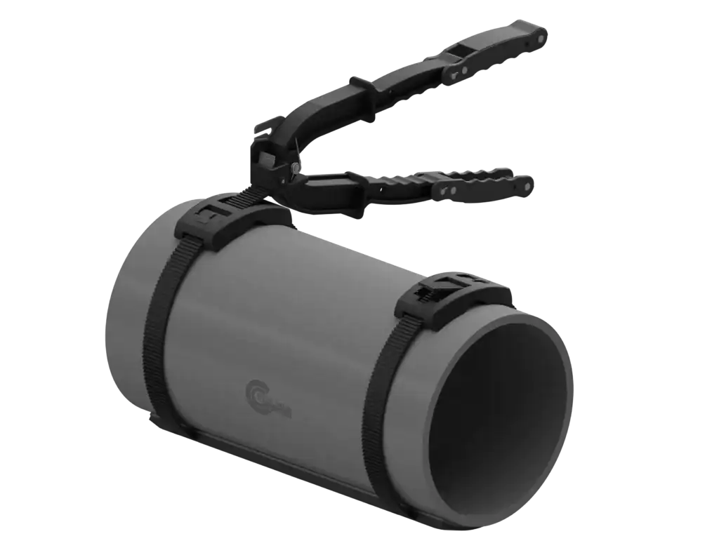 RedLineIPS SmartTool tensioning composite SmartBands on a non-metallic SmartPad pipe support saddle.