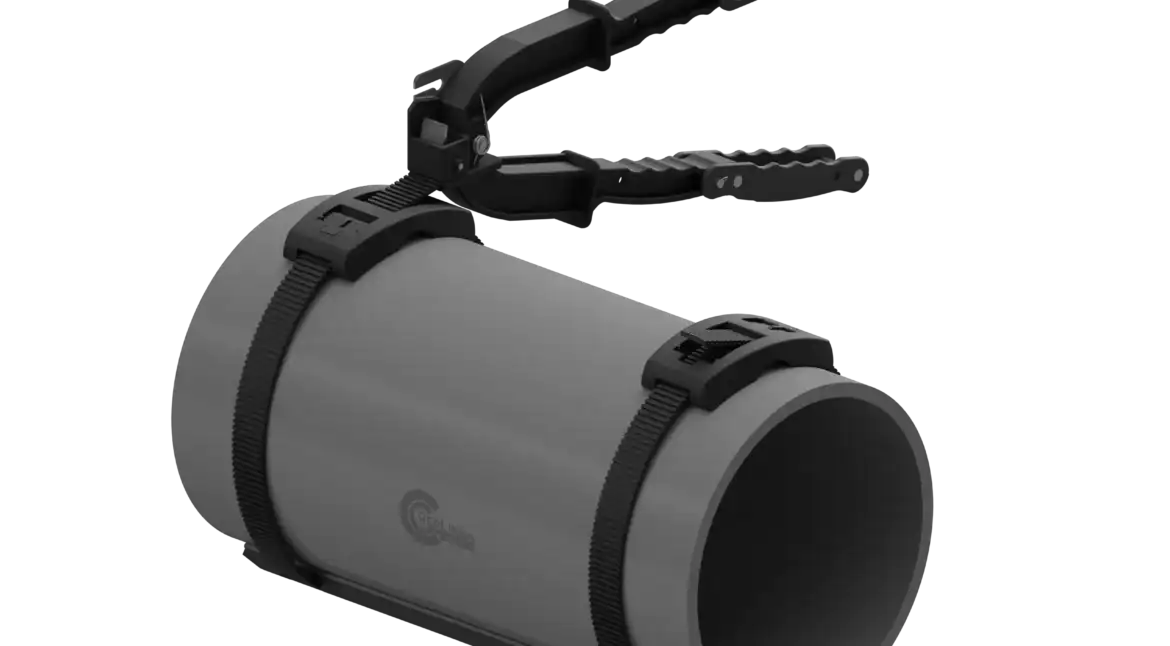 RedLineIPS SmartTool tensioning composite SmartBands on a non-metallic SmartPad pipe support saddle.