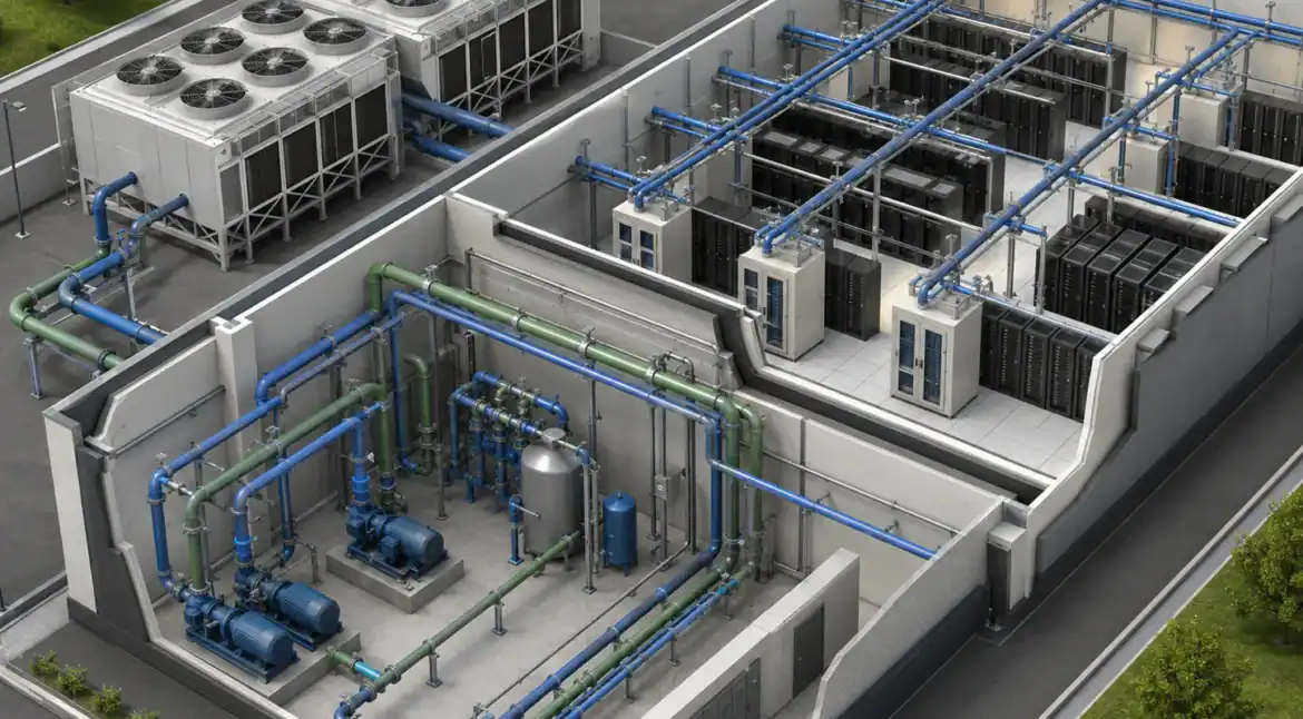 Aerial 3D cutaway view of a complete data center building layout with mechanical pump rooms and server aisles.