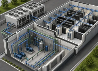 hero-image-data-center-schematics Aerial 3D cutaway view of a complete data center building layout with mechanical pump rooms and server aisles.